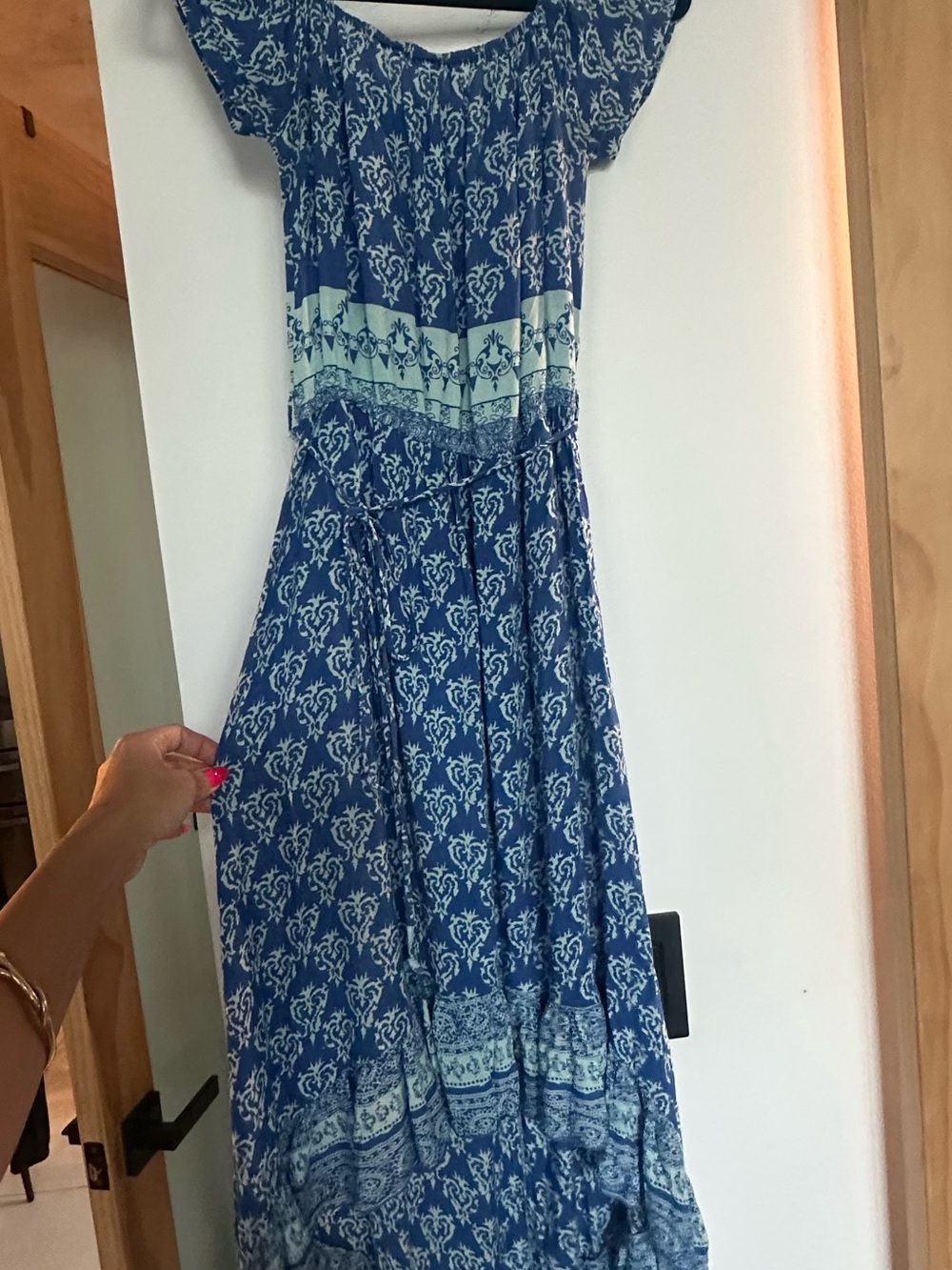 Blue Printed Off-Shoulder Maxi Dress
